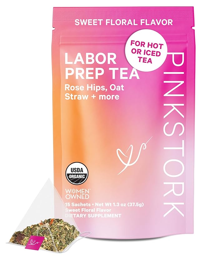 Pink Stork Labor Prep Tea, Organic Red Raspberry Leaf with Chamomile and Rosehip, Caffeine-Free, Pregnancy Must Haves, Labor and Delivery Essentials, Third Trimester Pregnancy - 15 Sachets - Bloomnest