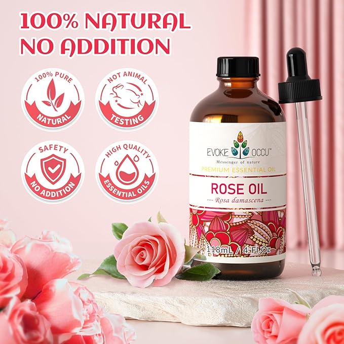 EVOKE OCCU Rose Essential Oil for Skin Care, Relaxation, Home Cleaning, Add to Diffuser and Spary, DIY Candle and Soap - 4 Fl Oz - Bloomnest