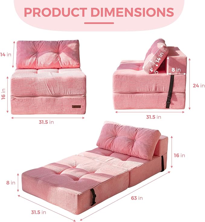 MAXYOYO Folding Sofa Bed, Convertible Sofa Bed with High-Density Support Foam, Portable 4 in 1 Fold Out Chair to Floor Lounger, Versatile Floor Couch for Living Room Bedroom, Pink - Bloomnest