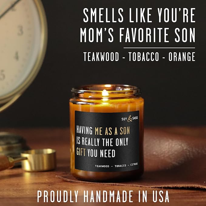 Mothers Day Gifts for Mom, Mom Gifts From Son - 'Having me as a Son' Soy Candle, w/Mahogany Teakwood I Mom Birthday Gifts from Son Ideas I 50Hr Burn, USA Made - Bloomnest