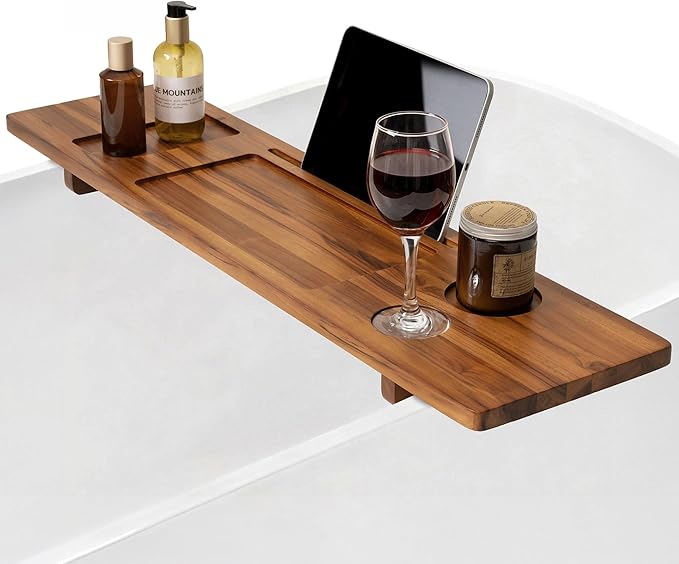 Teak Bathtub Tray - Wood Bath Caddy Tray 35" for Large Tubs - Adjustable Bathtub Table Trays - Luxury Shower Organizer for Home Spa Relaxation and Reading - Light Walnut Color - Bloomnest
