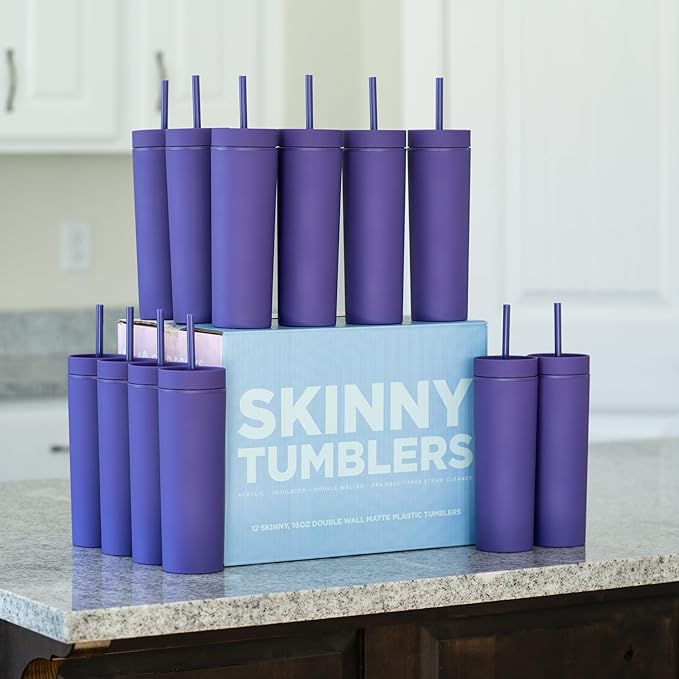 STRATA CUPS Purple Skinny Tumblers with Lids and Straws (12 pack) - 16oz Double Wall Acrylic Tumbler, Tall Matte Skinny Tumblers, Bulk with Free Straw Cleaner, Reusable Cups - Bloomnest