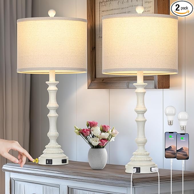 27.5" Tall Table Lamp for Living Room Set of 2, Vintage Farmhouse Table Lamps with USB C+A Ports, 3-Way Dimmable Touch Bedside Lamps, Tradition Bedroom Lamps for Nightstand Side End Table Desk, White - Bloomnest