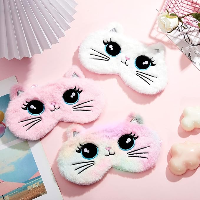 3 Pieces Sleep Mask for Kids, Girls Plush Sleeping Eye Cover Soft Eye Blindfold Cover Animal Shade for Kids(Colorful,Cat Style) - Bloomnest