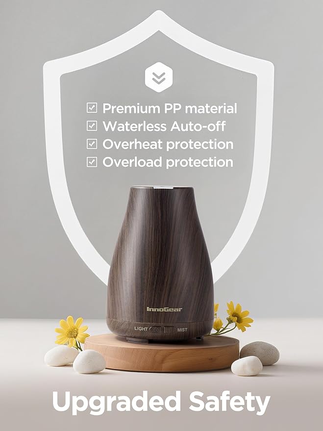 InnoGear Essential Oil Diffuser, Ultrasonic Diffusers for Home Aromatherapy Humidifier for Bedroom Room 7 Colors LED 2 Mist Mode Auto Off, Brown - Bloomnest