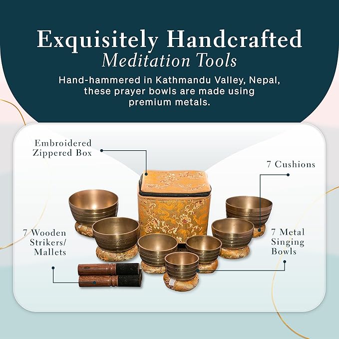 Tibetan Singing Bowl Set of 7, Handmade Singing Bowl for Meditation & Holistic Healing, Yoga Accessories, 3-5” Brass Singing Bowls with Wooden Striker, Cushion & Gold Carry Box - Bloomnest