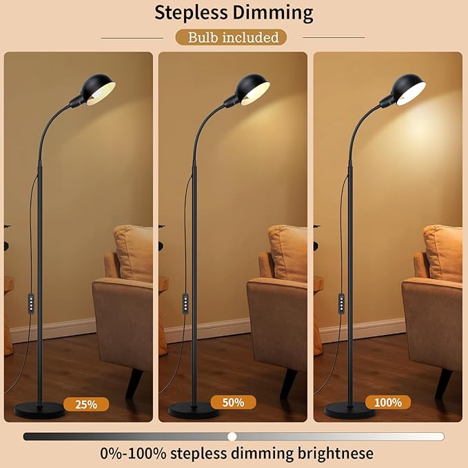Floor Lamp with Flexible Gooseneck and Height Adjustable，Standing Lamp Include Dimmer LED Bulb，Ideal Tall Lamp with Dimmer and Timer Switch for Reading,Bedside and Living Room (Black) - Bloomnest