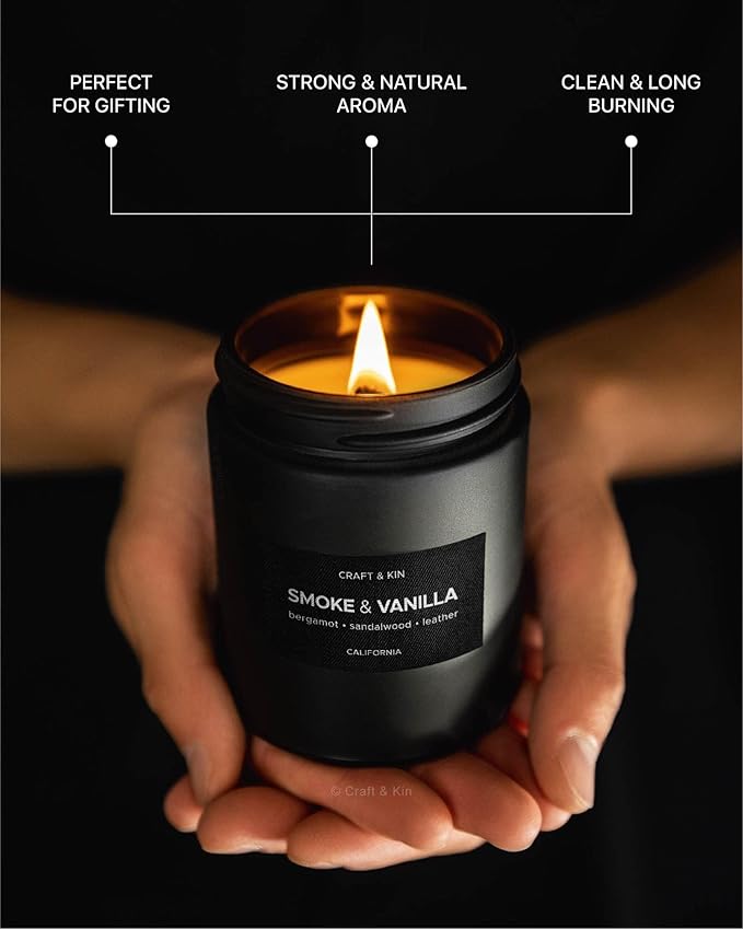 Craft & Kin Premium Smoke & Vanilla Candle | Black Christmas Scented Candles for Men | Long Lasting with 45 Hour Burn Time, 7.6oz | Soy Holiday Candle | Aromatherapy at Home | Gifts for Men - Bloomnest
