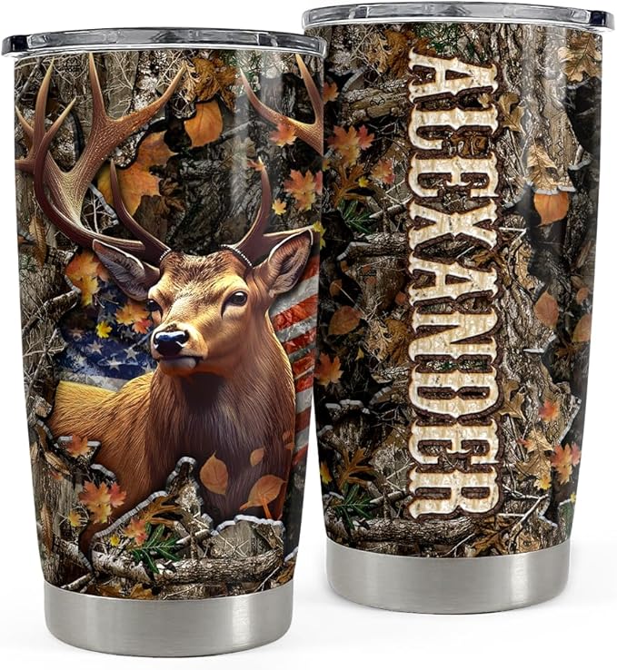 SANDJEST Personalized Deer Hunting Tumbler 20oz 30oz Insulated Tumblers with Lid Coffee Travel Mug Cup Hunter American Flag Hunting Gifts for Men Birthday - Bloomnest