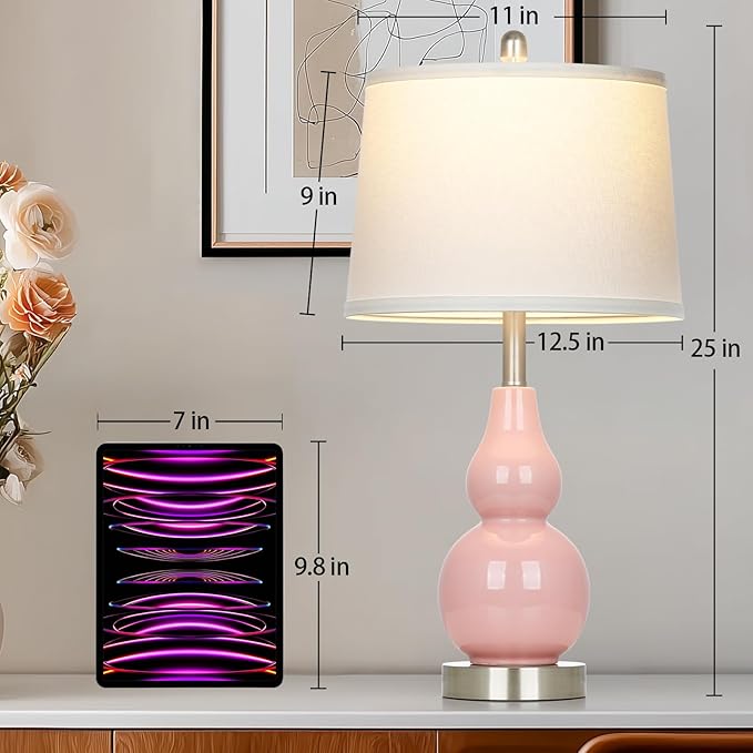 Pink Ceramic Lamps Set of 2, 25" Modern Double Gourd Ceramic Table Lamps for Living Room, Cute Bedside Nightstand Lamps with Fabric Shade for Bedroom End Table Home Office Girls Room(2 Bulbs Included) - Bloomnest