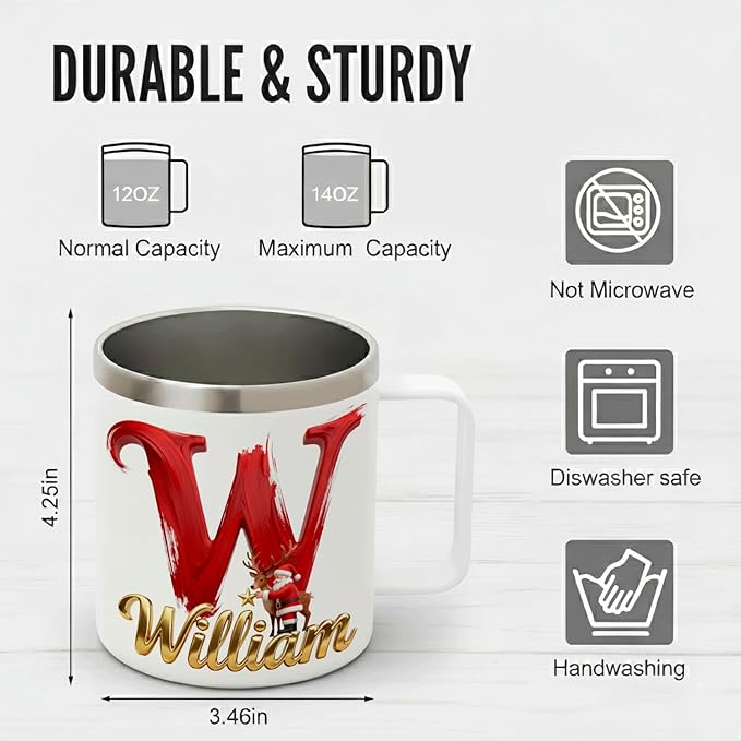 Personalized Christmas Insulated Coffee Mug with Handle – Letter [A] Double Wall Stainless Steel Travel Tumbler for Drinks – Unique Holiday Gift for Men, Women, & Kids(B122) - Bloomnest