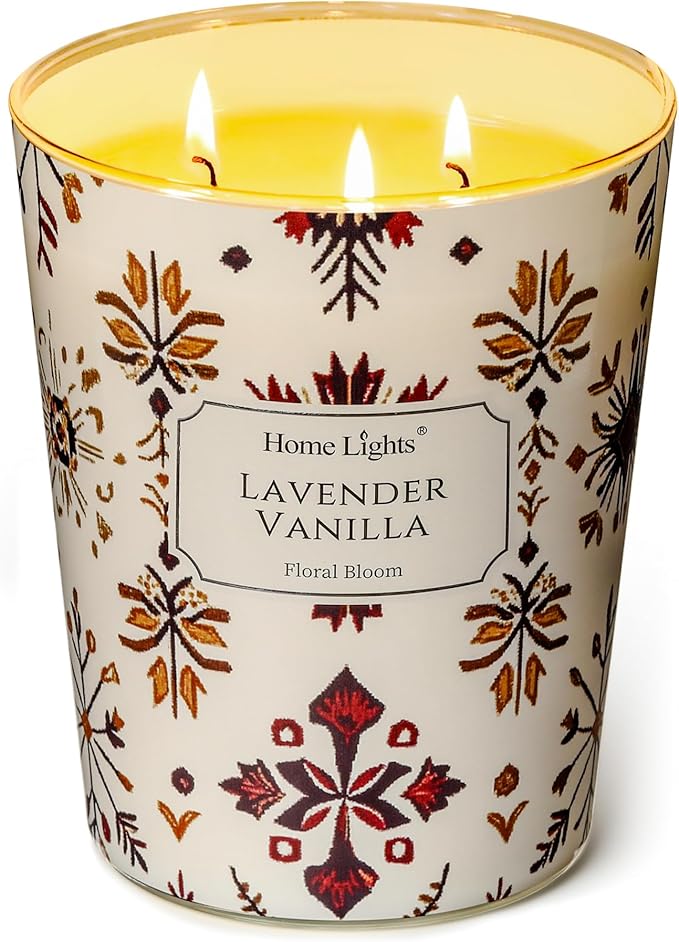 HomeLights Large jar Candle | 3-Wick Long-Lasting Scented Candles, 34oz Natural Soy Wax Candle for Home Scented, Bohemian Natural Textures Gifts for Women & Men, Lavender Vanilla - Bloomnest