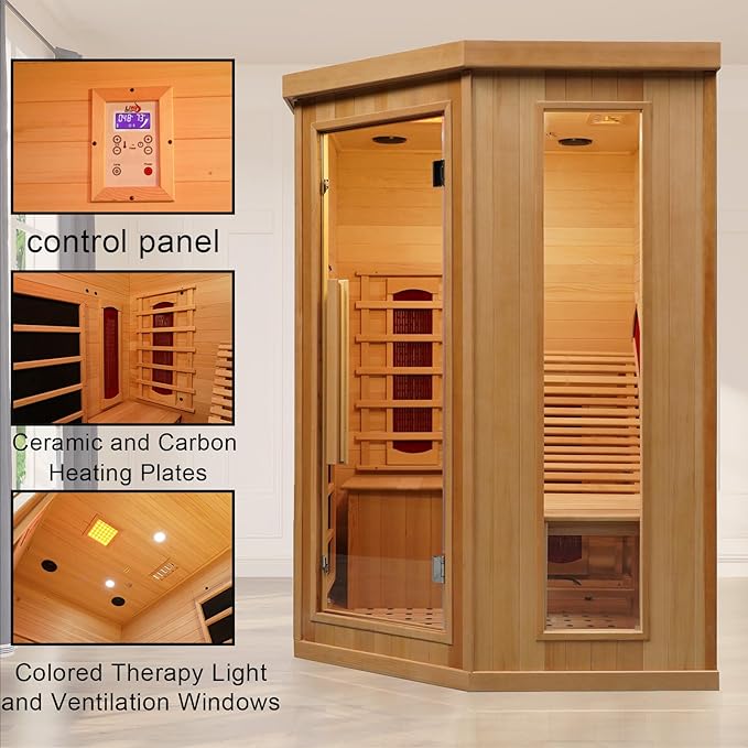 Smartmak Far Infrared Sauna Room with Recliner, 1 Person Indoor Canadian Hemlock Sauna Room, Carbon Crystal Heating Panel and Heating Tubes, 7 Color Light, Oxygen Bar, Bluetooth Speaker (220V, 2300W) Smartmak