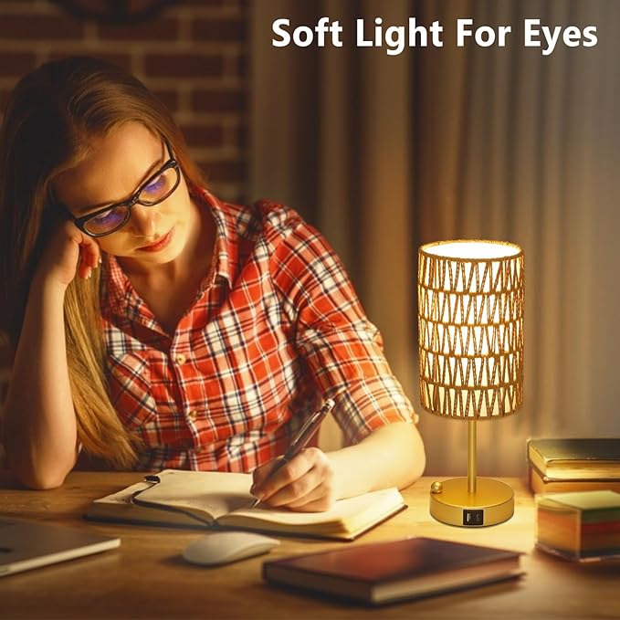 Gold Table Lamp for Bedroom with Bulb, Small Touch Control Table Lamp for Living Room with Rattan & Linen Shade, 3 Way Dimmable Bedside Lamp for Nightstand with USB Charging Port & Phone Stand - Bloomnest