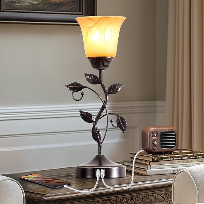 RORIANO Set of 2 Touch Vintage Table Lamps with 2 USB Ports, 3-Way Dimmable Nightstand Flower Lamps, Amber Glass Shade Rustic Leaf Lamp for Living Room Bedroom, LED Bulb Included (Bronze) - Bloomnest