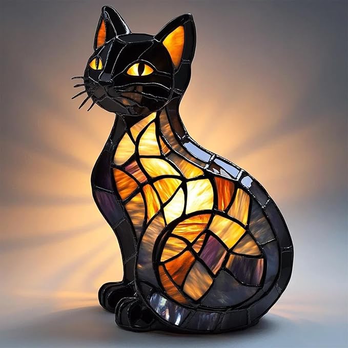 Atlodas Cat Lamp, Retro Cats Stained Resin Tabletop Night Light, Animal Table Lamps Series, Cat Lamp Stained Glass Tabletop Night Light, 3D Cute Pet LED Table Lamps, Gift for Lovers (#09, 7.87) - Bloomnest