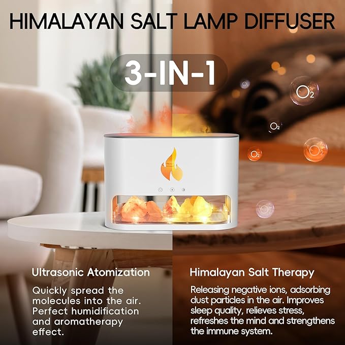 Essential Oil Diffuser, Fireplace Fire Flame Aromatherapy Diffuser, 250ml Himalayan Salt Lamp Scent Diffuser, Cool Mist Humidifier with 7 Colors Light, Timer & Auto-Off for Home, Room (White) - Bloomnest