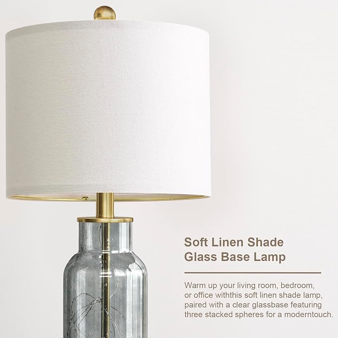 Oneach 22" Glass Table Lamps Set of 2, Gray Modern Bedside Lamp with LED Night Light for Living Room, Nightstand Lamp with USB Ports for Bedrooms, Study Room, End Table(2 Bulbs Included) - Bloomnest
