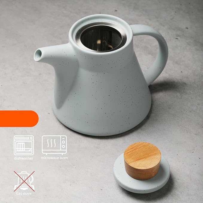 TETWIN Ceramic Teapot with Infuser, 25oz Blue Tea Pot with 8 Loose Leaf Tea Samplers Gift Set – Small Teapot for Full Leave Tea, Elegant Nordic Design, Dishwasher Safe