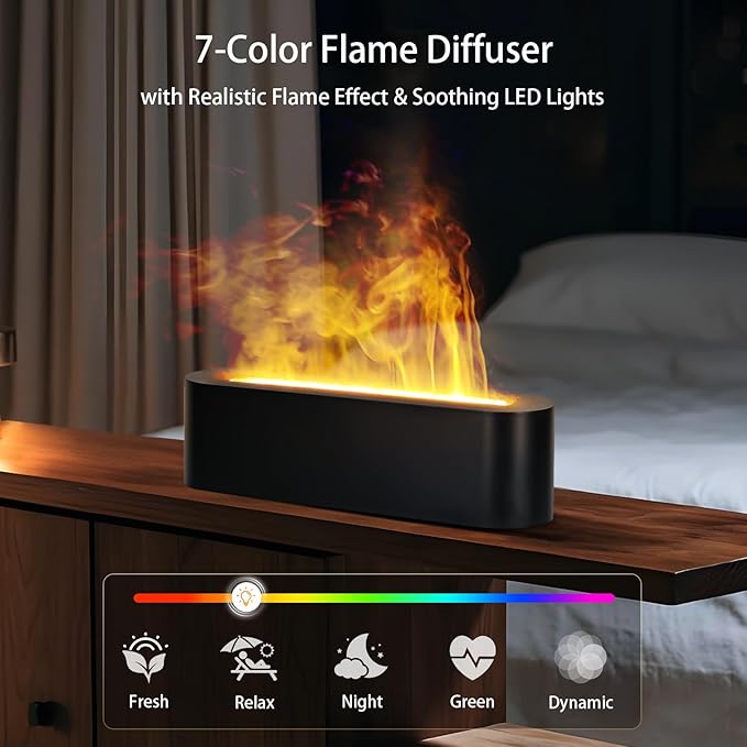 Essential Oil Diffuser, 180ml Flame Air Diffuser Humidifier, Ultrasonic Fireplace Aromatherapy Diffuser with 7-Color LED Light, 3 Timer, Auto-Off for Bedroom Home Room Decor & Gift - Bloomnest