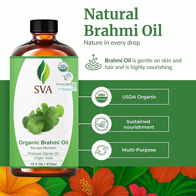 SVA Brahmi Oil Organic - 16 Fl Oz – 100% Natural Cold Pressed Organic Brahmi- for Face, Skin Care, Hair Care, Scalp Massage & Body Massage – Carrier Oil - Bloomnest