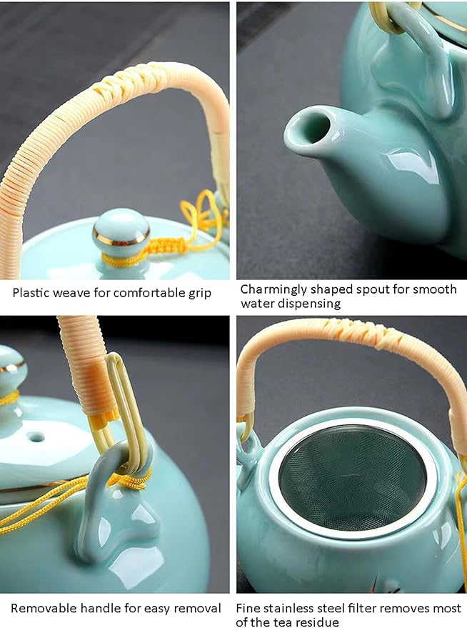 KEYDUACU Japanese Tea Set, Kiln-Formed Ceramic TeaSet, Plum Blossom Embossed, Includes 1 Teapot, 6 Teacups,Tea Tray,Strainer, Used for home, outdoor, gift, Chinese Kung Fu Tea Sets(FDMH-CYAN-MU) - Bloomnest