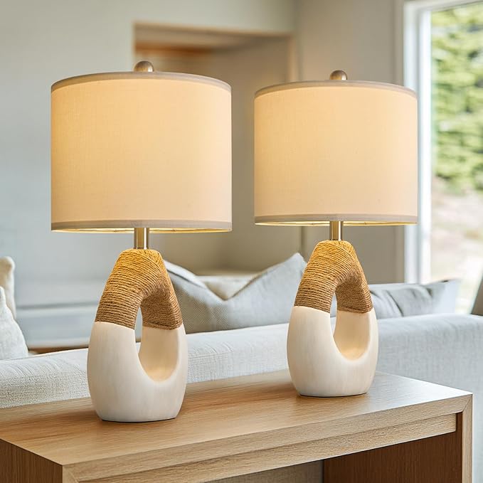 OYEARS 22” Boho Table Lamps for Bedroom Living Room Upgraded Set of 2 Medium Farmhouse Rattan Table Lamps, Rustic Home Decoration Nightstand Bedside Lamp for Office (Not Include Bulbs) - Bloomnest
