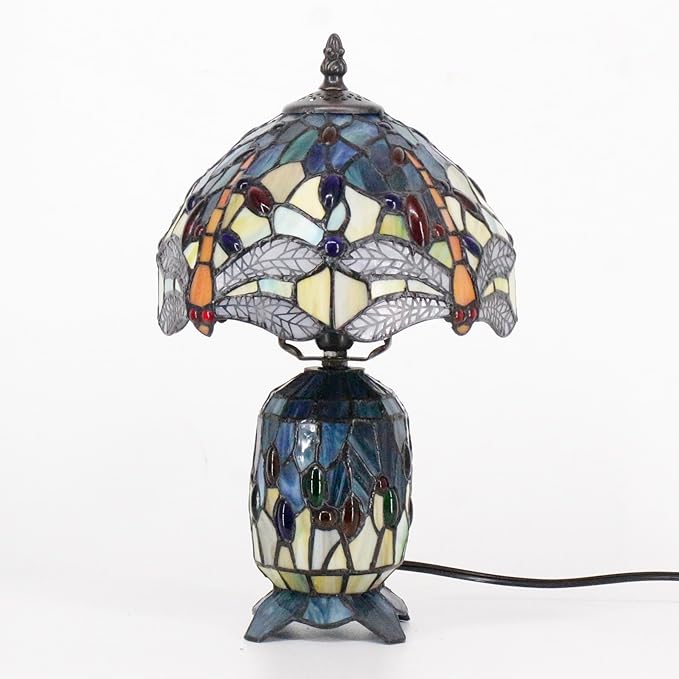 Small Tiffany Lamp Stained Glass Table Lamp Mini Mother Daughter Vase Desk Accent Night Light for Bedroom Bedside Reading Home Antique Style 8X14 Inches (Sea Blue Yellow) - Bloomnest