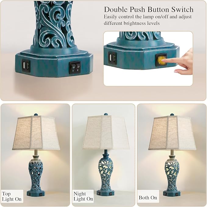 25'' Farmhouse Table Lamps Set of 2 for Living Room Bedroom, 2 USB Ports Coastal Vintage Table Lamp with Nightlight, Blue Green Hollow Out Resin Lamp for End Table (Bulbs Included) - Bloomnest