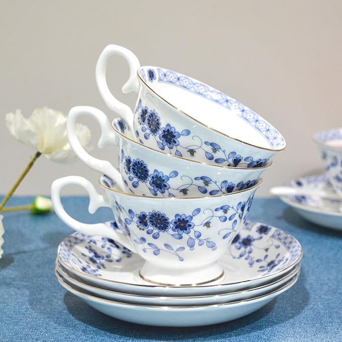 Bone China Tea Set, 21-Pieces Porcelain Tea Set for Adults, Tea Cups And Saucers for 6, with Teapot, Spoons, Sugar Bowl, Creamer Pitcher, Vintage Tea Set for Women Tea Party (Blue) - Bloomnest