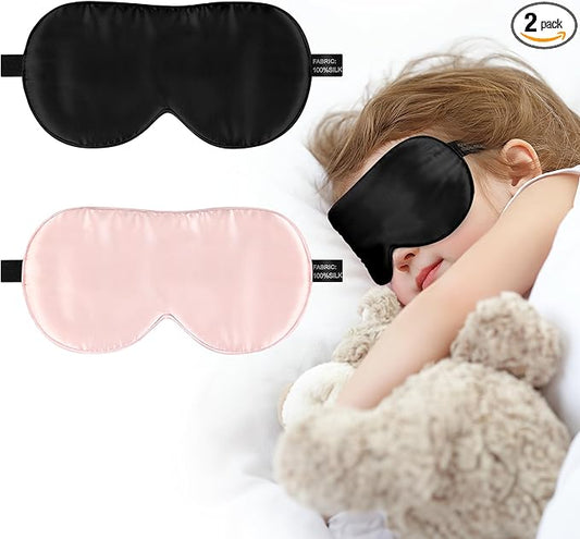 Silk Sleep Eye Mask for Kids, 100% Real Natural Pure Silk Sleeping Masks, Blindfold Sleep Eye Cover with Adjustable Strap, Soft & Lightweight Night Eyeshade for Boys Girls Teens (2 Pack)