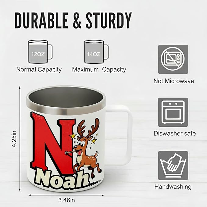 Personalized Christmas Mug with Name Initial - Funny Goofy Reindeer 12oz Insulated Stainless Steel Coffee Cup Tumbler with Handle & Lid - Silly Holiday Xmas Gifts for Kids, Boys, Men, Family (B154) - Bloomnest