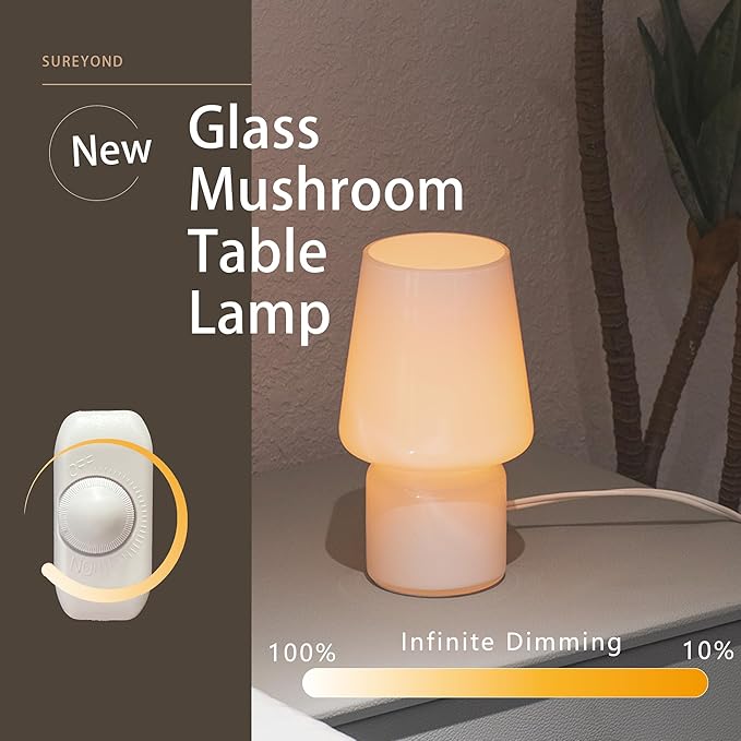 Mushroom Lamp,Mother's Day Gifts,Small Table Lamp,Cute Nightstand Kitchen Mini Lamp,Glass Table Lamp,Suitable for Bedrooms, Kitchens, Living Rooms, Bedside, Girl Gifts（White） - Bloomnest