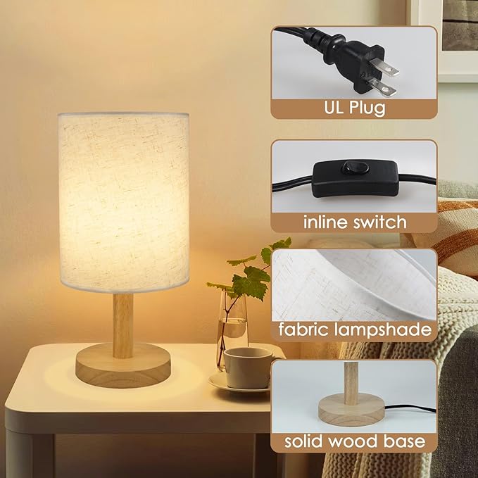 6.3in Bedside Table Lamp for Bedroom, Minimalist Nightstand Lamp with Round Fabric Linen Shade,Study Reading Desk Lamp for Kids Room, Night Table Lamp for Living Room, College Dorm, Home, Office - Bloomnest