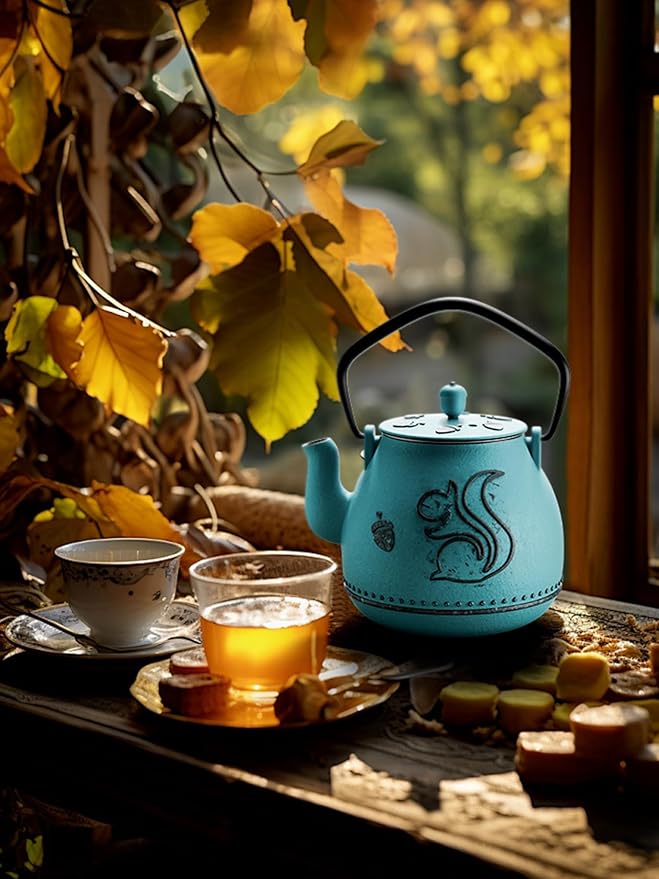 Toptier Teapot with Removable Infuser, Cast Iron Tea Kettle Stovetop Safe, Squirrel Design Tea Pot Coated with Enameled Interior for 32 Ounce (950 ml), Blue - Bloomnest