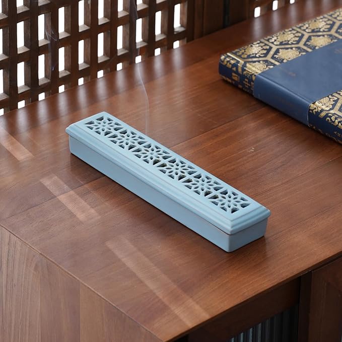 CEREMONY Incense Holder,Ceramic Incense Holder for Sticks with Ash Catcher,Coffin Style Incense Box,Incense Burner for Meditation Yoga Spa Room Decor(Blue)