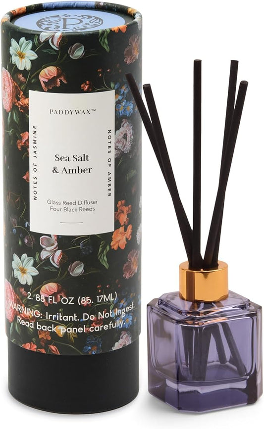 Paddywax Botanica Scented Oil Diffuser with Reeds in Reusable Blue Glass Bottle, Tubed Gift Box, Includes Diffuser Sticks, Long-Lasting Fragrance, Reusable & Upcyclable, Sea Salt & Amber, 2.8 fl oz PaddywaxCandles