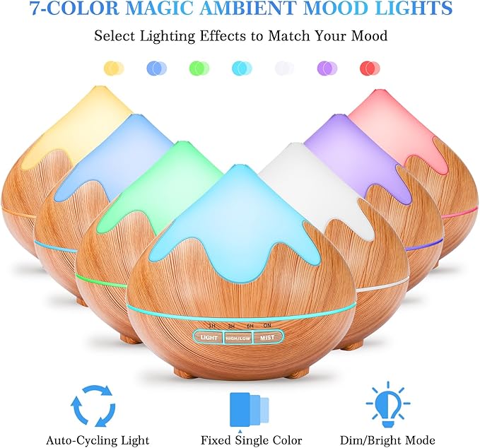 500ML Essential Oil Diffuser, Aromatherapy Diffuser with Remote Control, Multifunctional Air Diffusers for Home Office Room, Fragrance Aroma Diffuser with 7 Color LED & 2 Mist Mode, Light Brown - Bloomnest