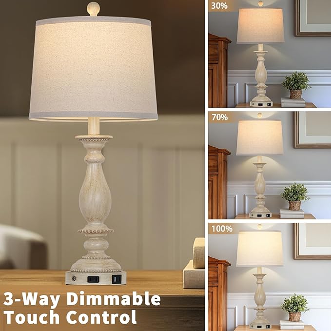 28" Tall Farmhouse Table Lamps for Living Room Set of 2,Vintage Rustic Beige Bedside Touch Lamp with USB C+A Ports & AC Outlet, 3-Way Dimmable Resin Nightstand Lamp for Bedroom Entryway Office - Bloomnest