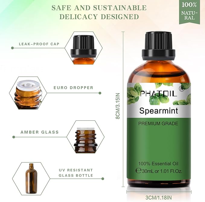 Spearmint 1.01fl.oz Essential Oil, PHATOIL Pure Aromatherapy Oils for Diffuser, Humidifier, Perfect for DIY Soap, Candle, Bath Bombs Making(30ml) - Bloomnest