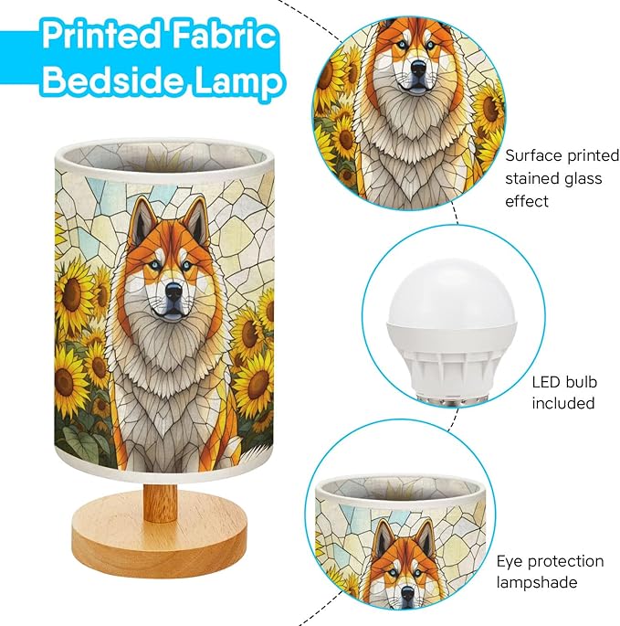 Akita Inu Table Lamp LED 3-Color Pressed Bedside, Dog Shade Lamp with Wood Base for Bedroom Living Room Desk Office - Bloomnest