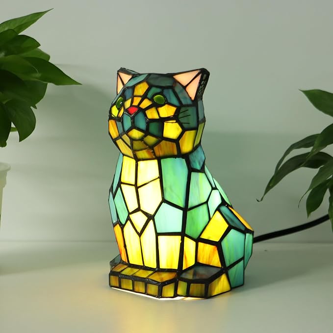 Tiffany Cat Lamp Blue and Green Stained Glass Animal Table Lamp Accent Lamp - Bloomnest