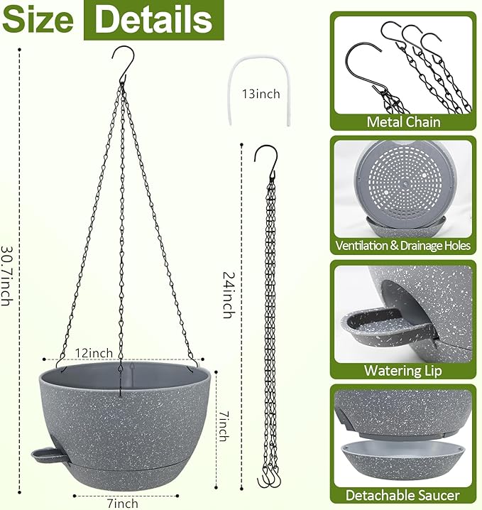 WOUSIWER Self Watering Hanging Planters, 2 Pack 12'' Plastic Pots with Drainage Holes & Reservoir Tray (Speckled Grey) | Indoor & Outdoor Use for Ferns, Ivy, Herbs, Succulents - Bloomnest