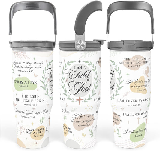 SANDJEST Christian Tumbler with Handle 30oz, Religious Gifts for Women, Inspirational Gifts for Her for Birthday Christmas Mothers Day, Stainless Steel Flip Straw Insulated Tumblers Coffee Travel Cup