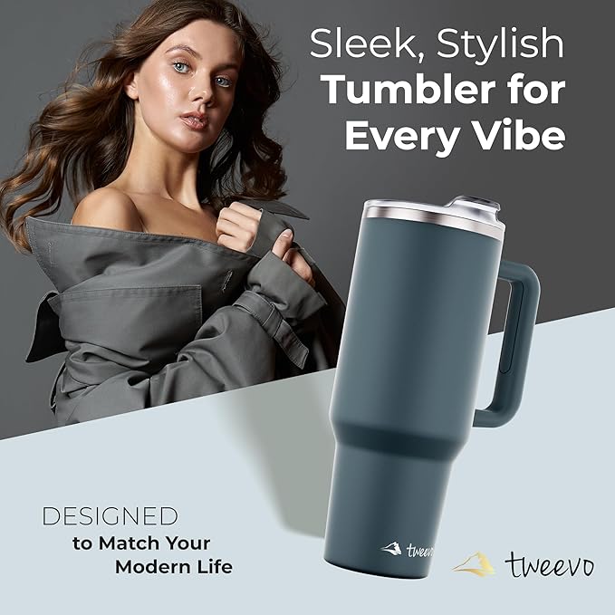 40 oz Tumbler With Handle and Straw Made of Stainless Steel - Double Wall Vacuum Insulated Tumbler With Lid - Sweat Proof Easy Grip, BPA-Free, Dishwasher Safe Tumbler (Charcoal) - Bloomnest