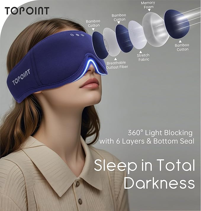 Sleep Mask with Headphones Bluetooth 5.4, TOPOINT 3D Eye Mask Blackout with Soft Bamboo Cotton for Side Sleepers Women Men, Sleep Headphones Earphones HD Speaker Microphone for Travel Meditation Gift - Bloomnest