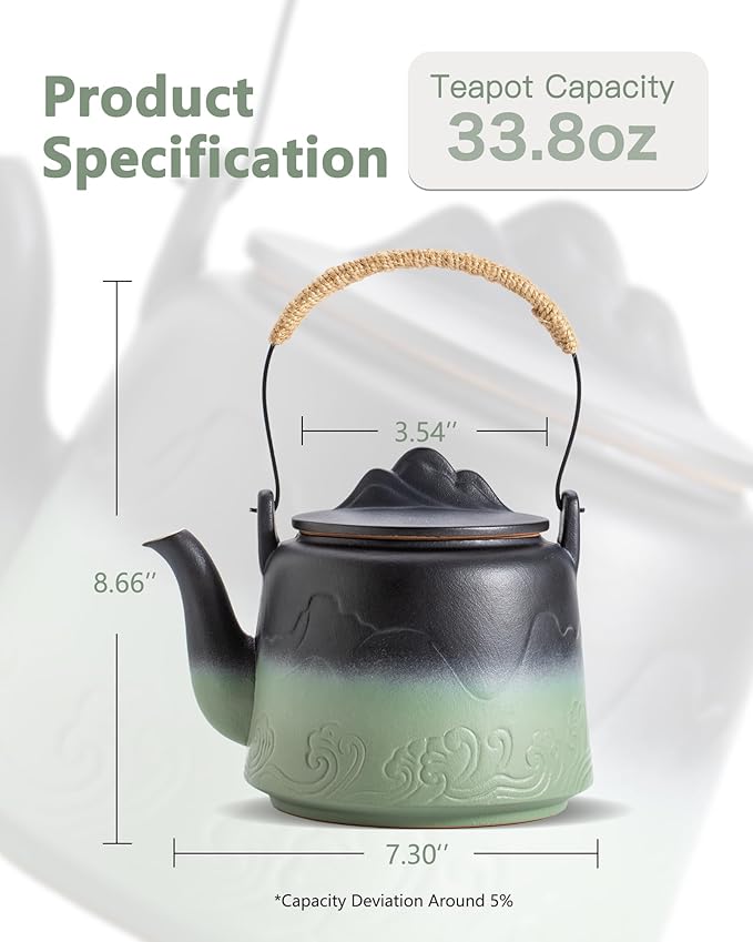 ZENS Vintage Japanese Teapot, 33.8 oz Embossed Ceramic Loose Leaf Teapot with Built-in Strainer for Hot Tea Steeper, Hemp Rope Handle Japanese Tea Brewer Pot for Tea Lovers Gifts - Bloomnest