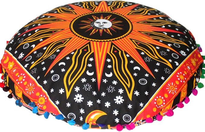 CRAFT KALA Large Round Bohemian Floor Pillow Pouf Cover Mandala Meditation Room Pillow Cover for Adults Boho Seating Poufs Cushion Cover for Kids Playroom 32" Round Orange Burning Sun - Bloomnest