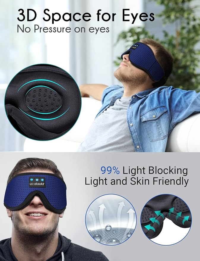 LC-dolida Sleep Headphones, Sleep Mask Bluetooth Wireless Music Eye Mask, Sleeping Headphones for Side Sleepers Sleep Mask with Bluetooth Headphones Ultra-Thin Stereo Speakers Perfect for Sleeping - Bloomnest