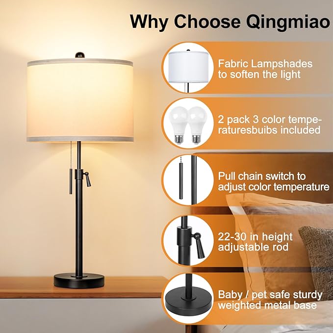 Black Table Lamps for Bedrooms Set of 2: 22" to 30" Height Adjustable Nightstand Lamps with White Linen Shade | Pull Chain Switch | Metal Base 丨3 Color Temperatures Included Beside Lamp (Black) - Bloomnest
